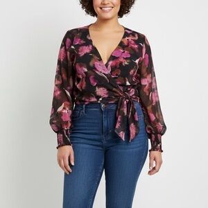 Floral Tie Front Blouse Size XL Black Pink Wrap Top Sheer Smocked Cuff BAR lll